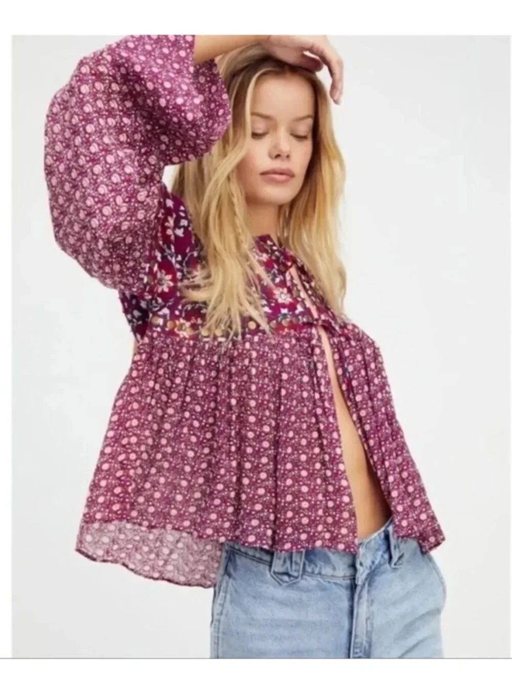 FREE PEOPLE Malia Babydoll Jacket Beaded Floral Tie Front Size S